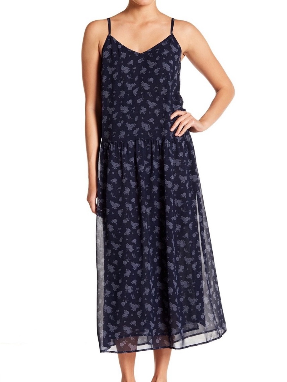 Vince 100% Silk Calico Floral Shirred Waist Midi Navy Dress Drop Waist Sz Small